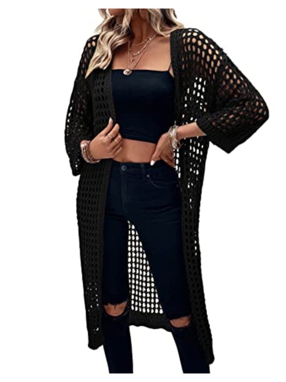 Women's Long Knit Cardigan Lightweight Hollow Out 3/4 Sleeve Open Front